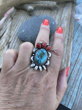 Load image into Gallery viewer, Navajo Sterling Kingman Web Turquoise &amp; Red Coral Taos Collection Ring Sz 6