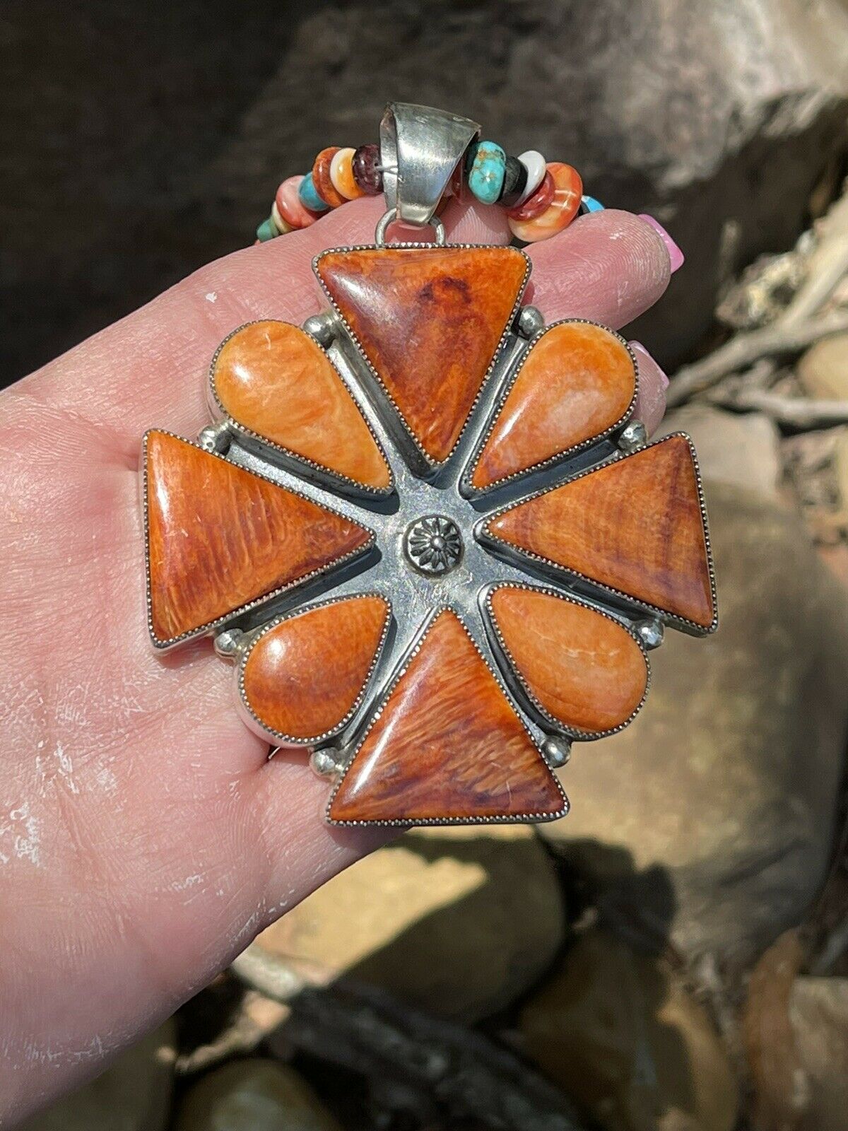 Navajo Sterling Silver Orange Spiny  Jumbo Cluster Pendant