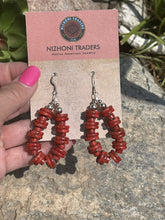 Load image into Gallery viewer, Navajo Sterling Silver Double Bead Apple Coral Dangle Hoop Earrings