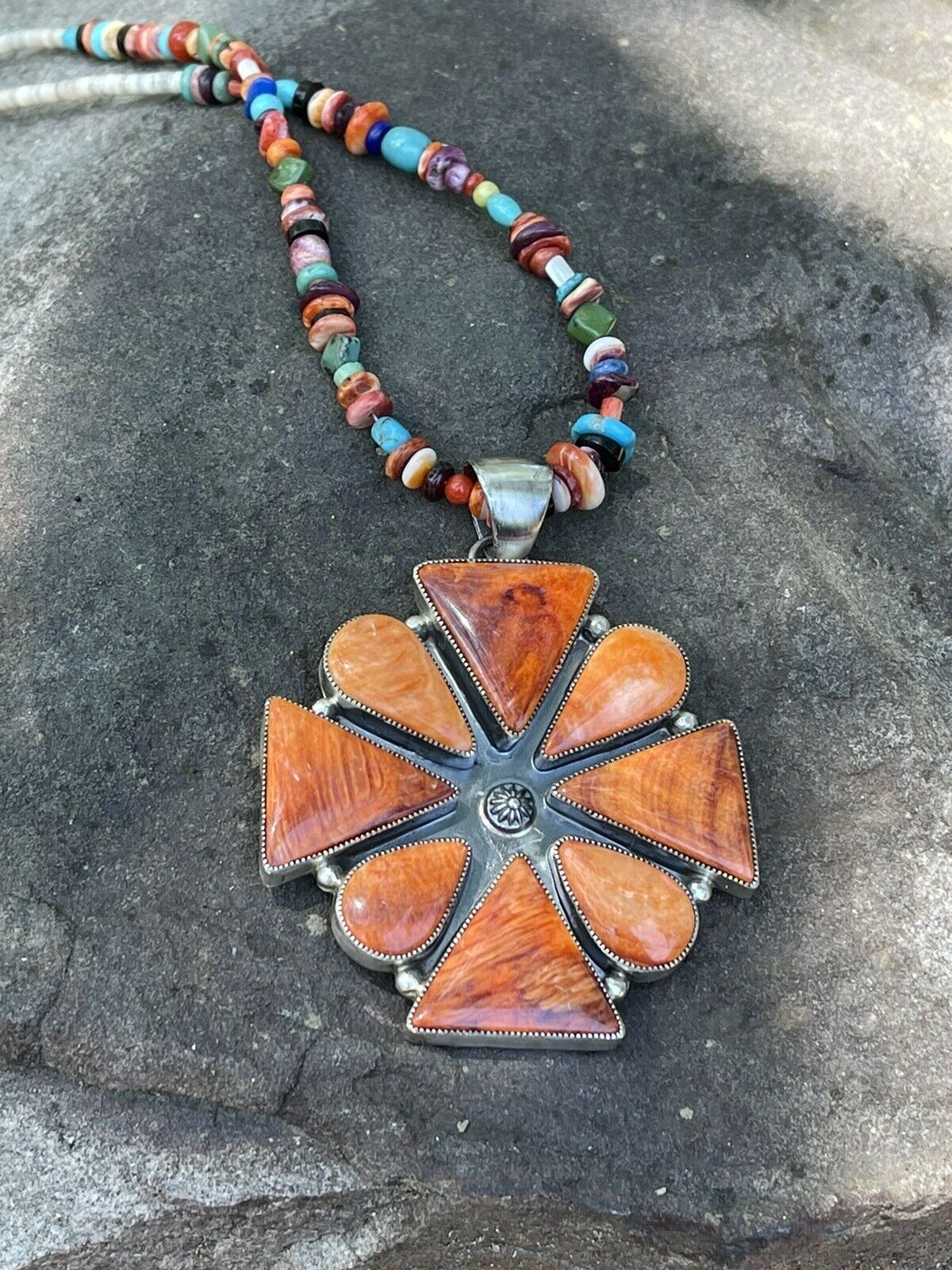 Navajo Sterling Silver Orange Spiny  Jumbo Cluster Pendant