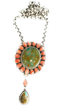 Load image into Gallery viewer, Navajo Tibetan Turquoise &amp; Spiny Sterling Drop Cluster Necklace Signed