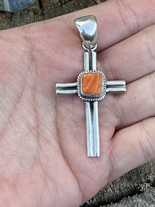 Navajo Sterling Silver & Orange Spiny Shell  Cross Pendant Signed