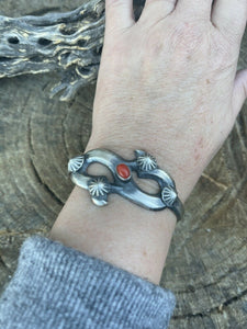 Navajo Natural Red Coral Sterling Silver Cuff By Artist Chimney Butte