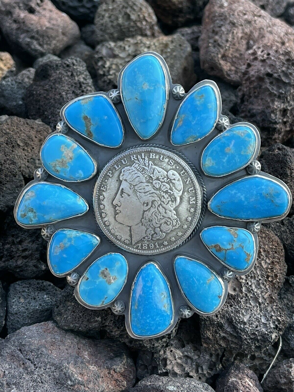 Gorgeous Navajo Sterling Silver Coin & Kingman Turquoise Bracelet Cuff