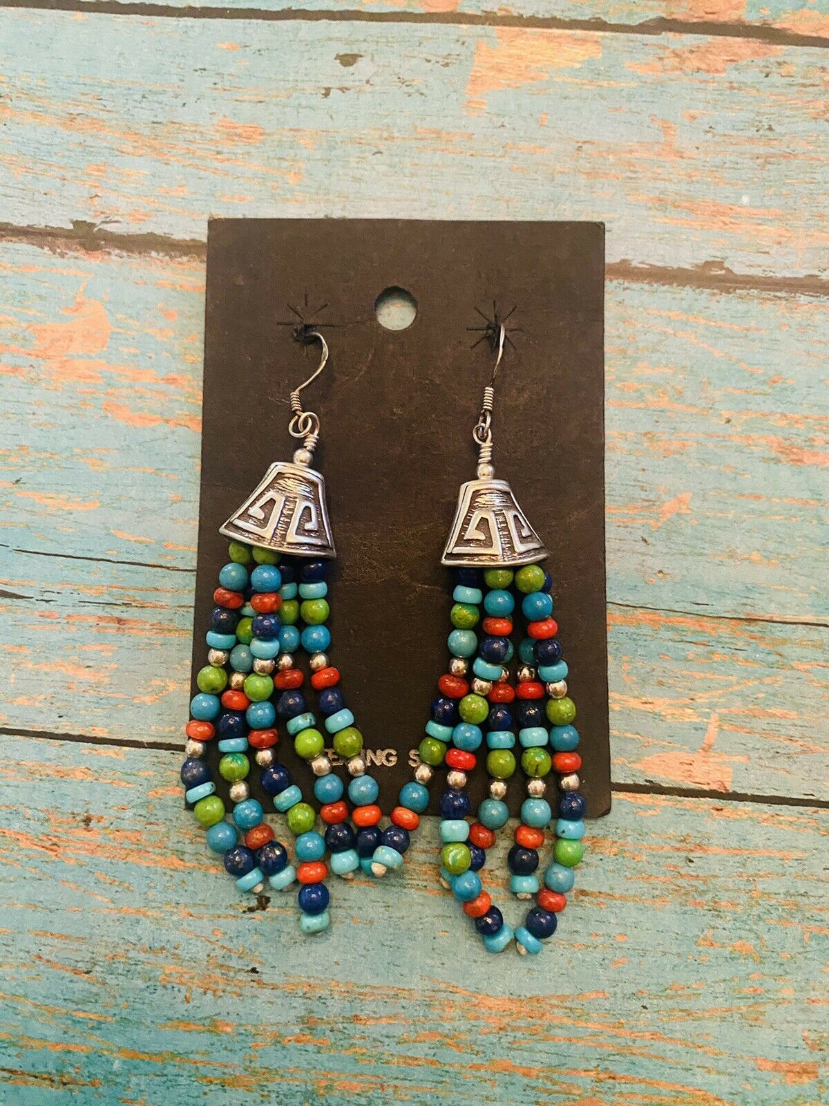 Navajo Sterling Silver Multi Stone Beaded Dangle Tassel Earrings