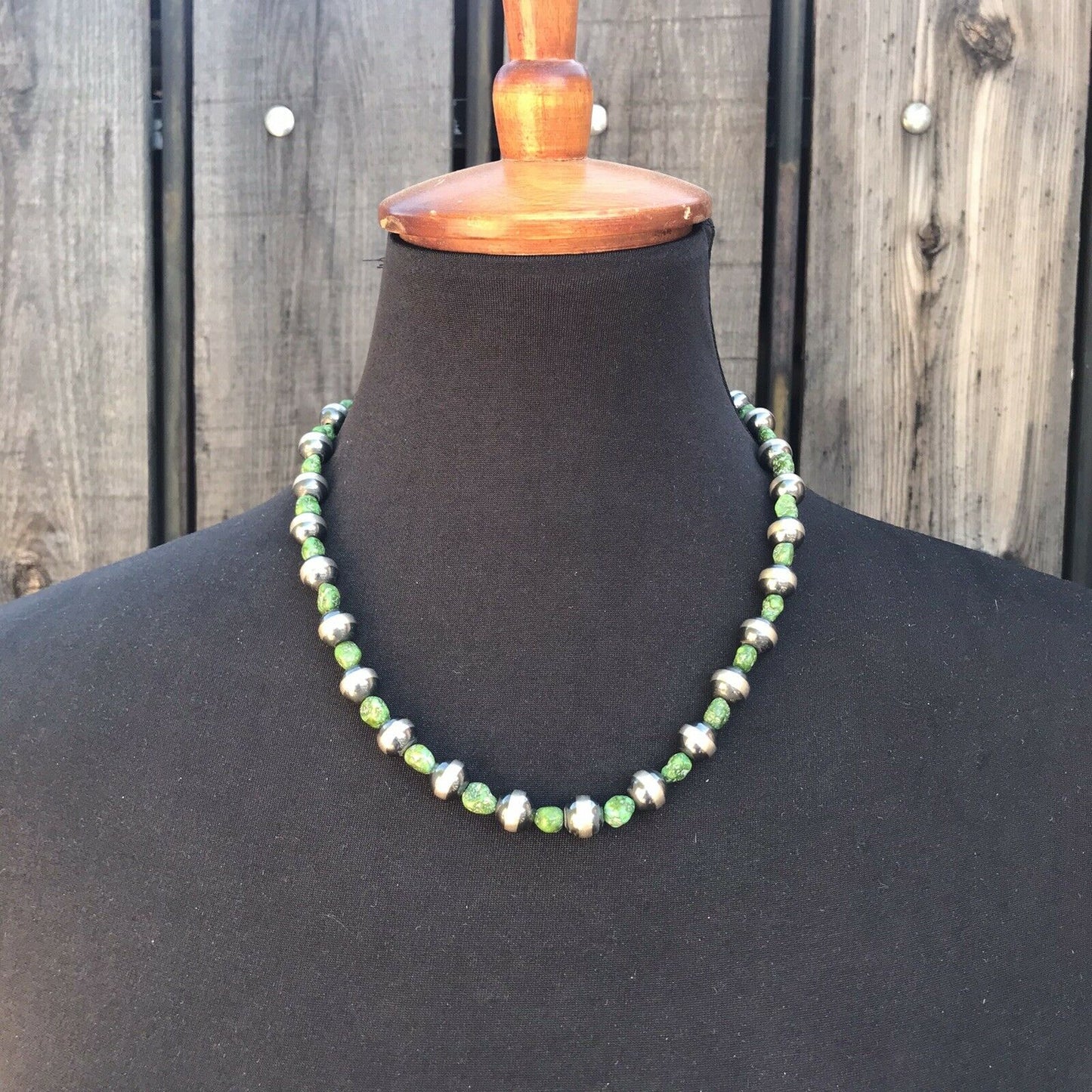 Navajo Sterling Silver Beads With Green Turquoise Accent Stones Necklace