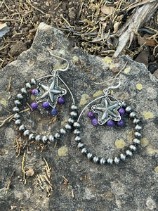 Navajo Sterling Silver Bead Purple Spiny Texas Hoop Earrings