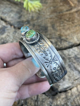 Load image into Gallery viewer, Navajo Sterling Sonoran Gold &amp; Golden Hills Turquoise 2 Stone Cuff Bracelet