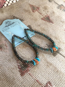 Navajo Turquoise  Spiny Oyster Sterling Silver Beaded Dangle Hoop Earrings