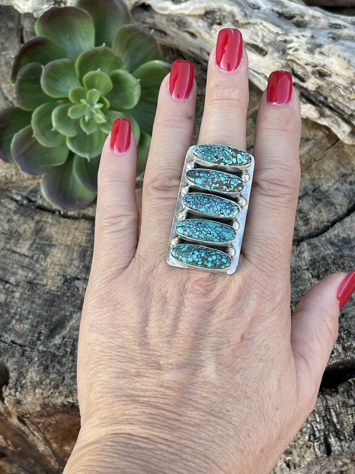 Navajo Blue Oval Turquoise & Sterling Silver Ring Sz 8 Signed