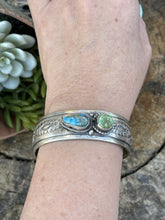 Load image into Gallery viewer, Navajo Sterling Sonoran Gold &amp; Golden Hills Turquoise 2 Stone Cuff Bracelet