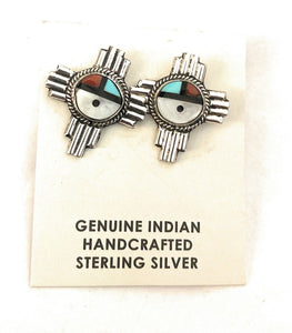 Zuni Sun Face Multi Stone And Sterling Cross Stud Earrings