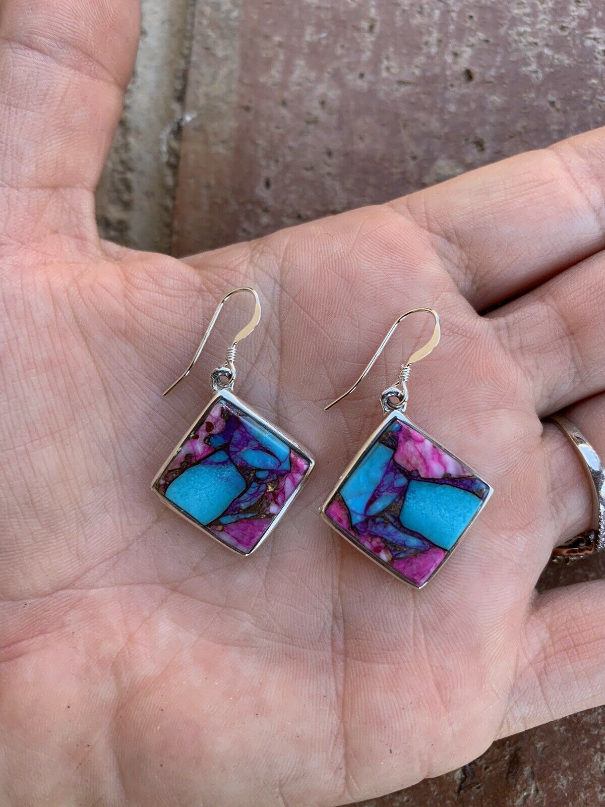 Navajo Pink Dream Mohave & Sterling Square Delight Dangle Earrings