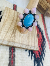 Load image into Gallery viewer, Navajo Rhodochrosite, Turquoise &amp; Sterling Silver Cluster Ring Size 8.5