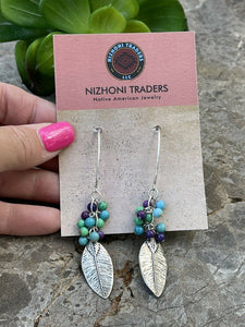 Navajo Sterling Silver & Multi Stone Leaf Dangle Earrings