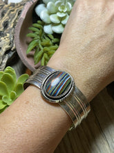 Load image into Gallery viewer, Unique Navajo Sterling Silver &amp; Rainbow Stone Signed Cuff Bracelet