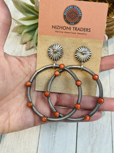 Navajo Orange Spiny & Sterling Silver Dangle Hoop Earrings