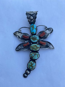 Shawn Cayatenito Sterling Silver Kingman  Turquoise & Coral Dragonfly Pendant