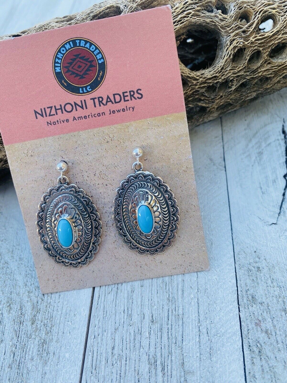 Navajo Sterling Silver & Turquoise Hand Stamped Dangle Earrings