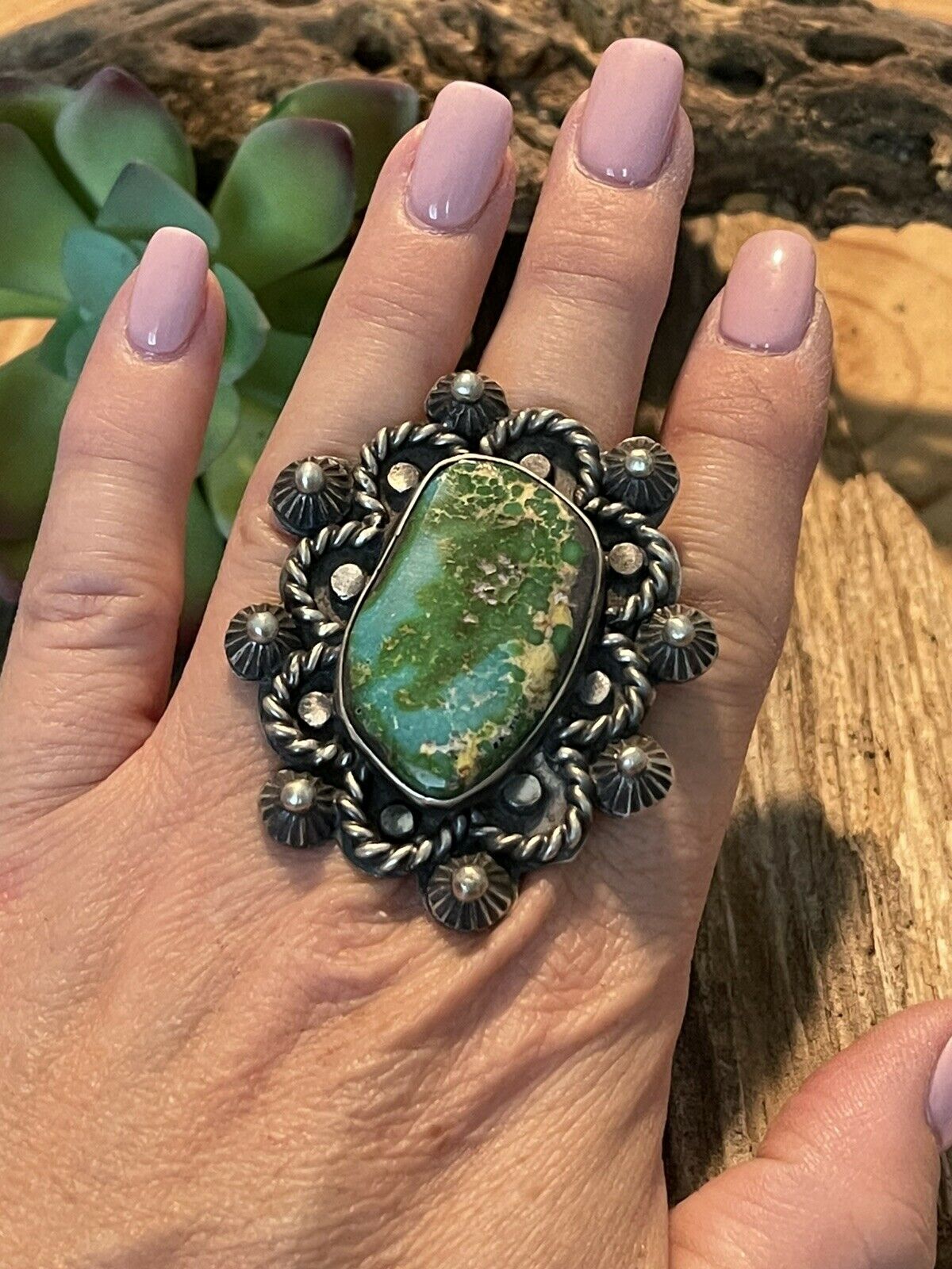 Stunning Navajo Natural Royston Turquoise & Sterling Ring Size 7.