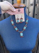 Load image into Gallery viewer, Navajo Sterling Kingman Turquoise Natural Red Coral Necklace Set Taos Collection