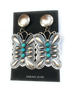 Navajo Turquoise & Sterling Silver Butterfly Dangle Earrings By Tim Yazzie