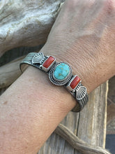 Load image into Gallery viewer, Navajo Sterling Silver Red Coral &amp; Turquoise Bracelet Signed M &amp; R Calladitto
