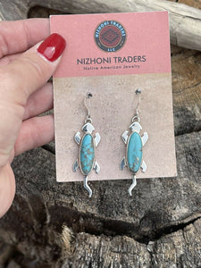 Navajo Sterling Silver Turquoise Stone Gecko Dangle Earrings Signed
