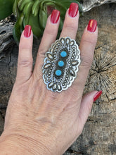 Load image into Gallery viewer, Navajo 3 Stone Turquoise &amp; Sterling Silver Concho Ring Adjustable Signed L.Tahe