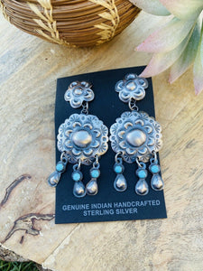 Navajo Sterling Silver & Turquoise Concho Dangle Earrings Signed