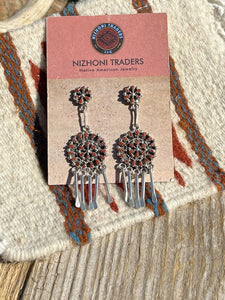 Zuni Sterling Silver Needlepoint Natural Red Coral Dangle Earrings