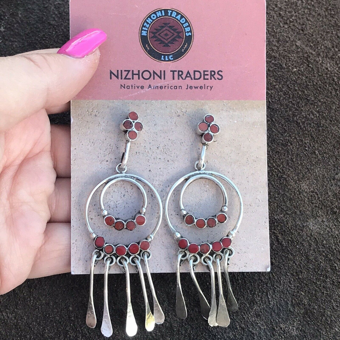 Vintage Navajo Sterling Silver Natural Red Coral Dangle Earrings