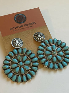 Navajo Sleeping Beauty Cluster Turquoise Sterling Silver Dangle Earrings