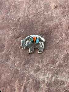 Navajo Sterling Silver Multi Stone Buffalo Pendant Pin Signed