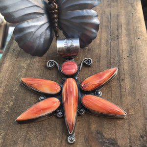 Navajo Sterling Silver Orange  Spiny Oyster Dragonfly Pendant Signed