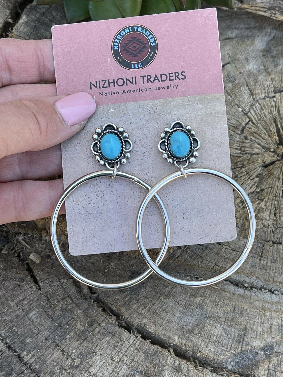 Navajo Turquoise & Sterling Silver Dangle Hoop Earrings