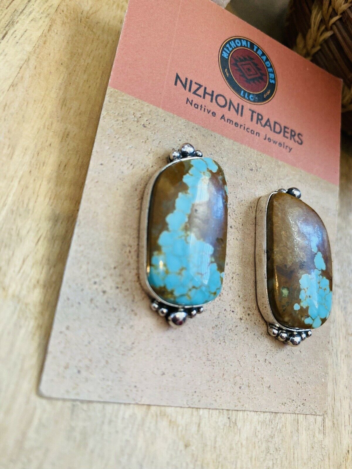 Navajo Number 8 Turquoise & Sterling Silver Post Earrings Signed