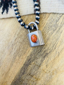 Navajo Orange Spiny & Sterling Silver Locket Pendant Signed