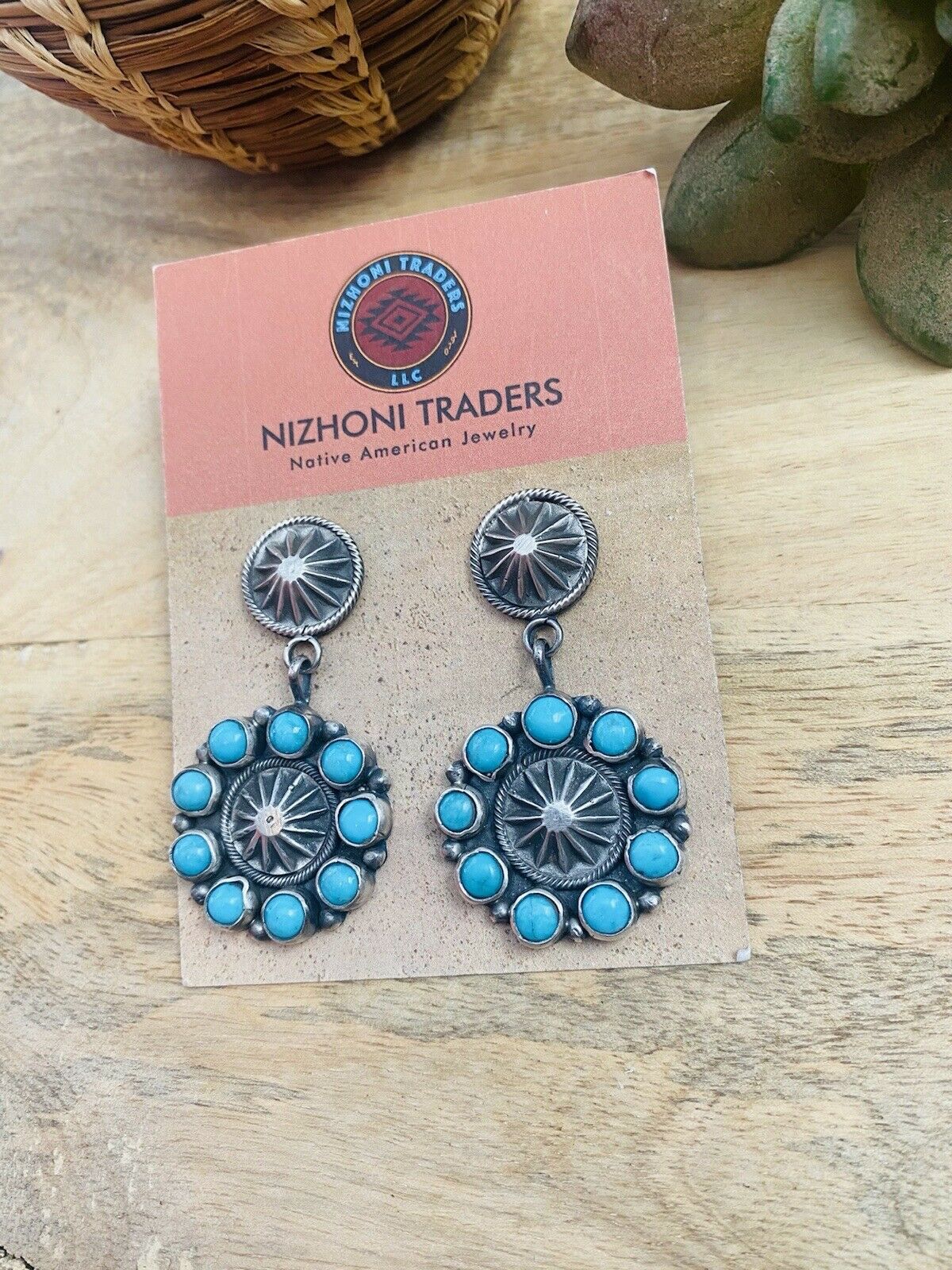 Navajo Turquoise & Sterling Silver Concho Dangle Earrings Signed