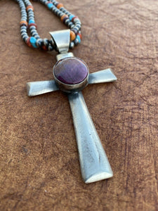 Navajo Sterling Silver & Purple Spiny Shell  Cross Pendant Chimney Butte