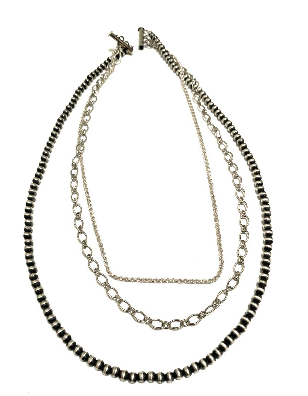 Navajo 3 Strand Sterling Silver Navajo Pearl & Chain  Necklace 16-20 Inches