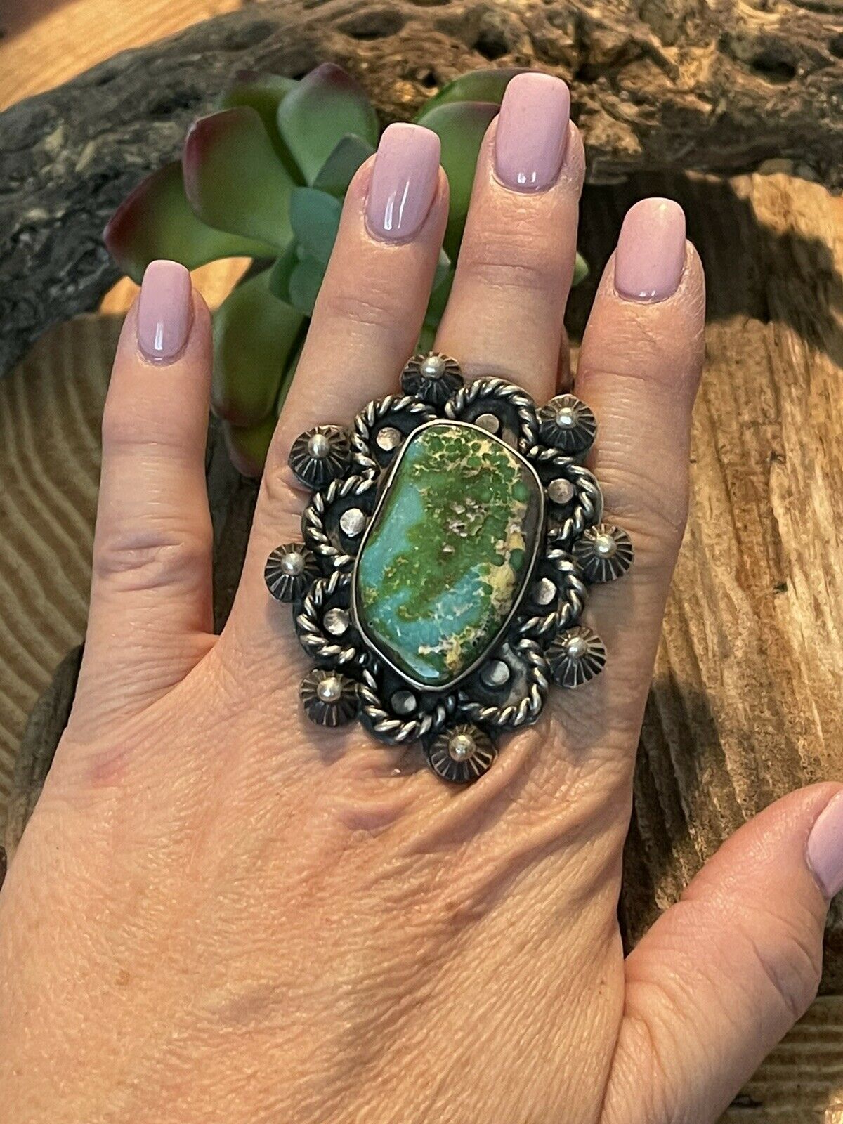 Stunning Navajo Natural Royston Turquoise & Sterling Ring Size 7.