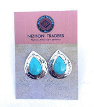 Load image into Gallery viewer, Navajo Hand Stamped Sterling Silver &amp; Turquoise Post Earrings Signed