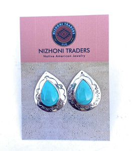 Navajo Hand Stamped Sterling Silver & Turquoise Post Earrings Signed
