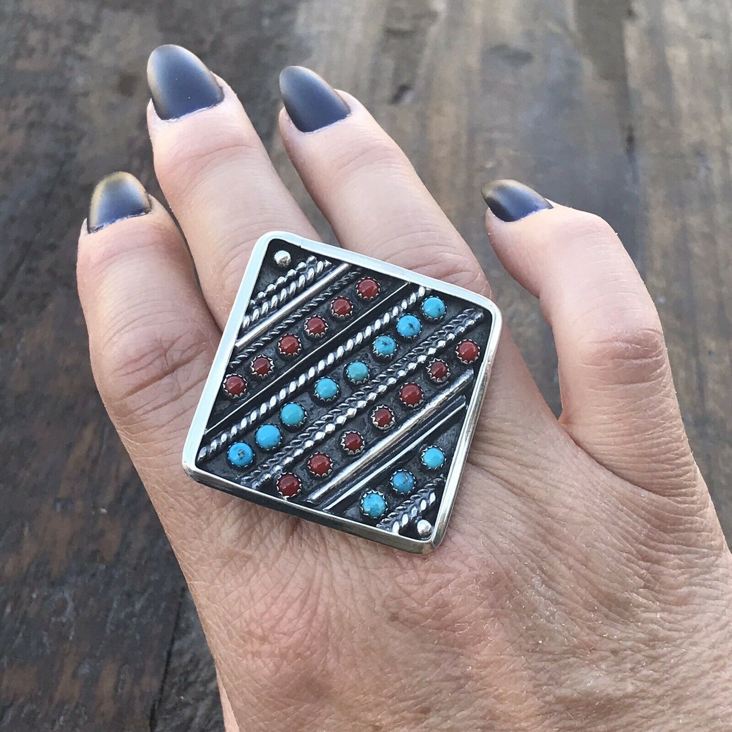 Navajo Multi Stone &  Sterling Silver Statement Ring Size 7.5