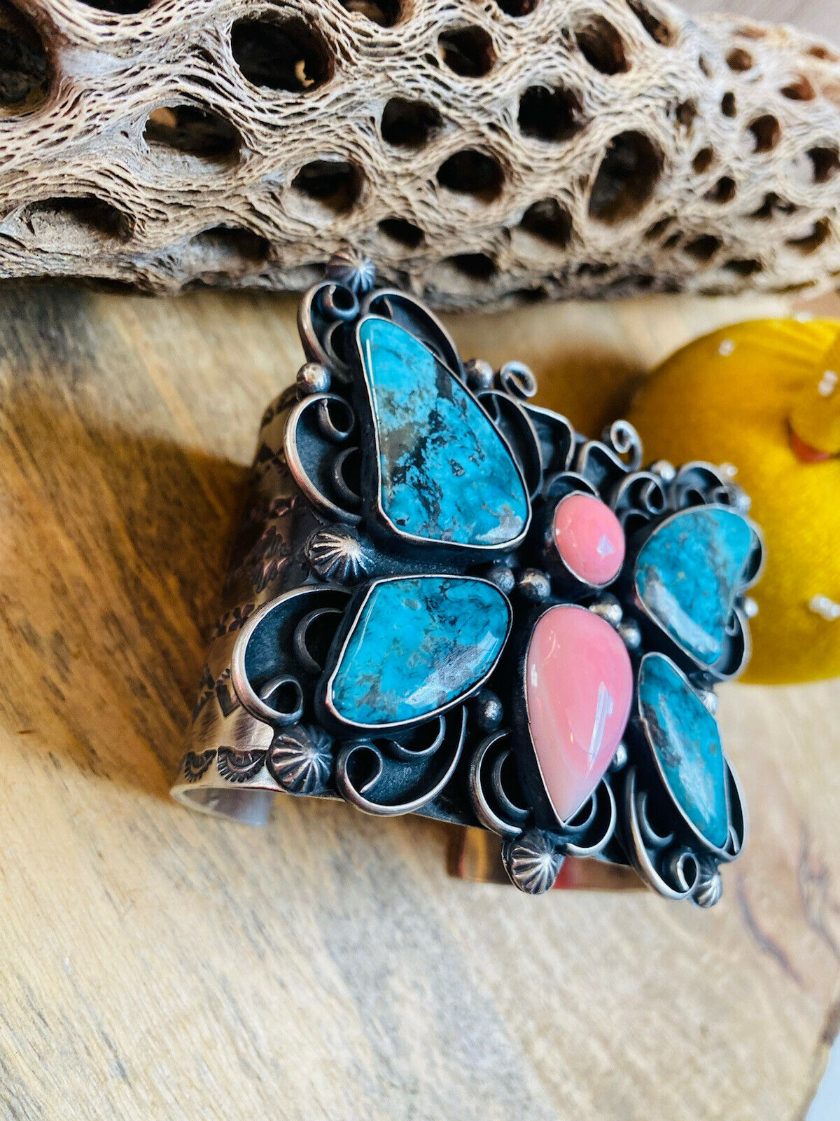 Navajo Turquoise, Pink Coral & Sterling Silver Butterfly Cuff Bracelet