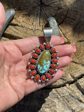 Load image into Gallery viewer, Navajo Sterling Silver Kingman Web Turquoise &amp; Red Coral Taos Cluster Pendant
