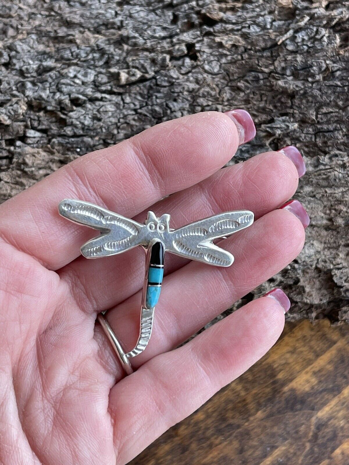 Navajo Sterling Silver Turquoise and Onyx Stone Dragonfly Pendant Pin Signed