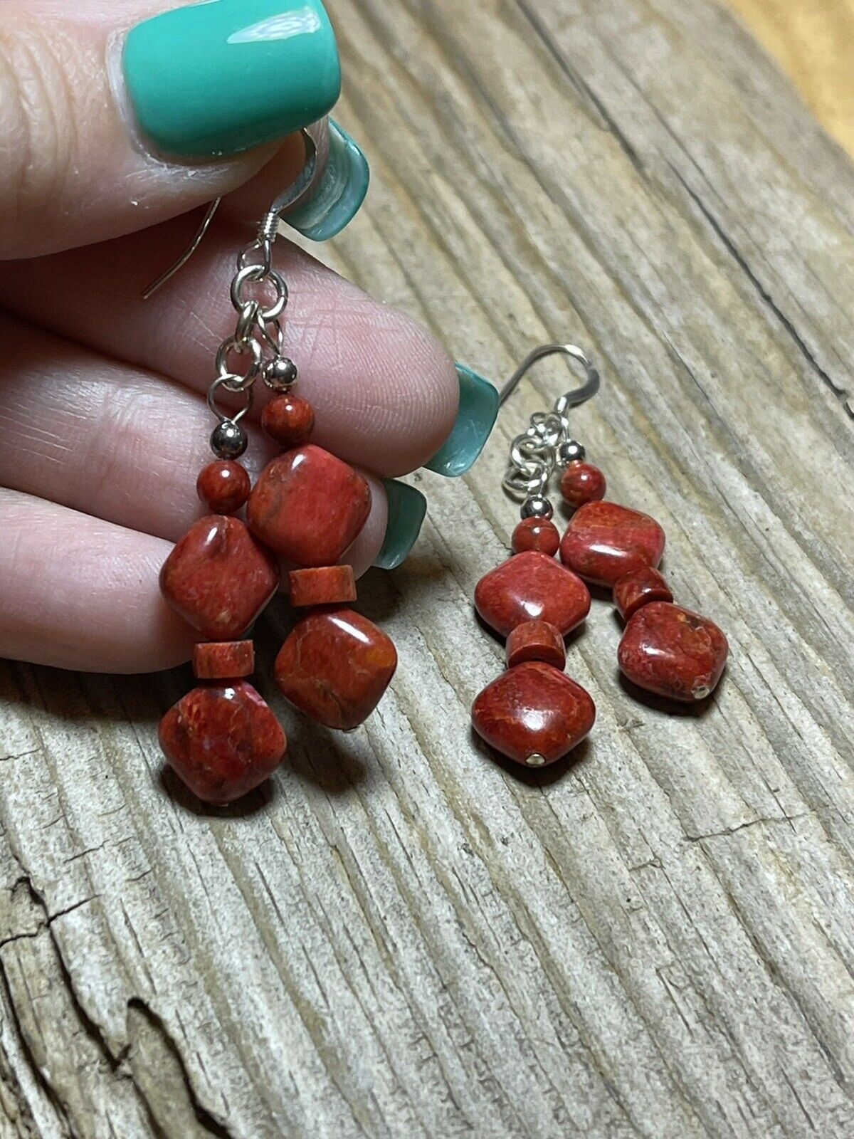 Navajo Sterling Silver Apple Coral 2 Strand Beaded Earrings