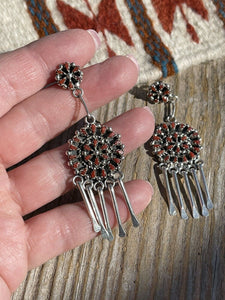 Zuni Sterling Silver Needlepoint Natural Red Coral Dangle Earrings